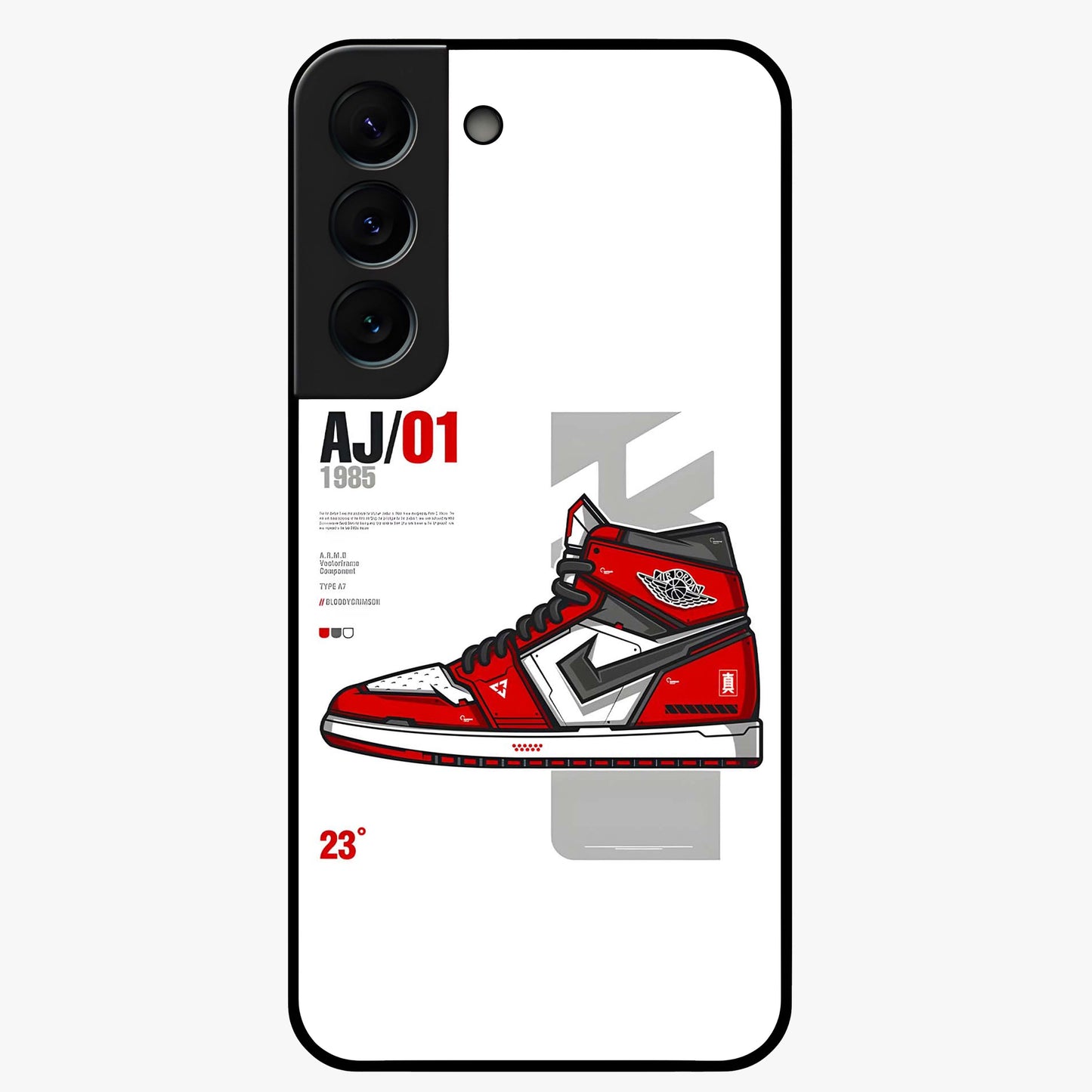 Retro Sneaker Blueprint Glass Case showing flat back view with sneaker blueprint style artwork and glossy glass finish.