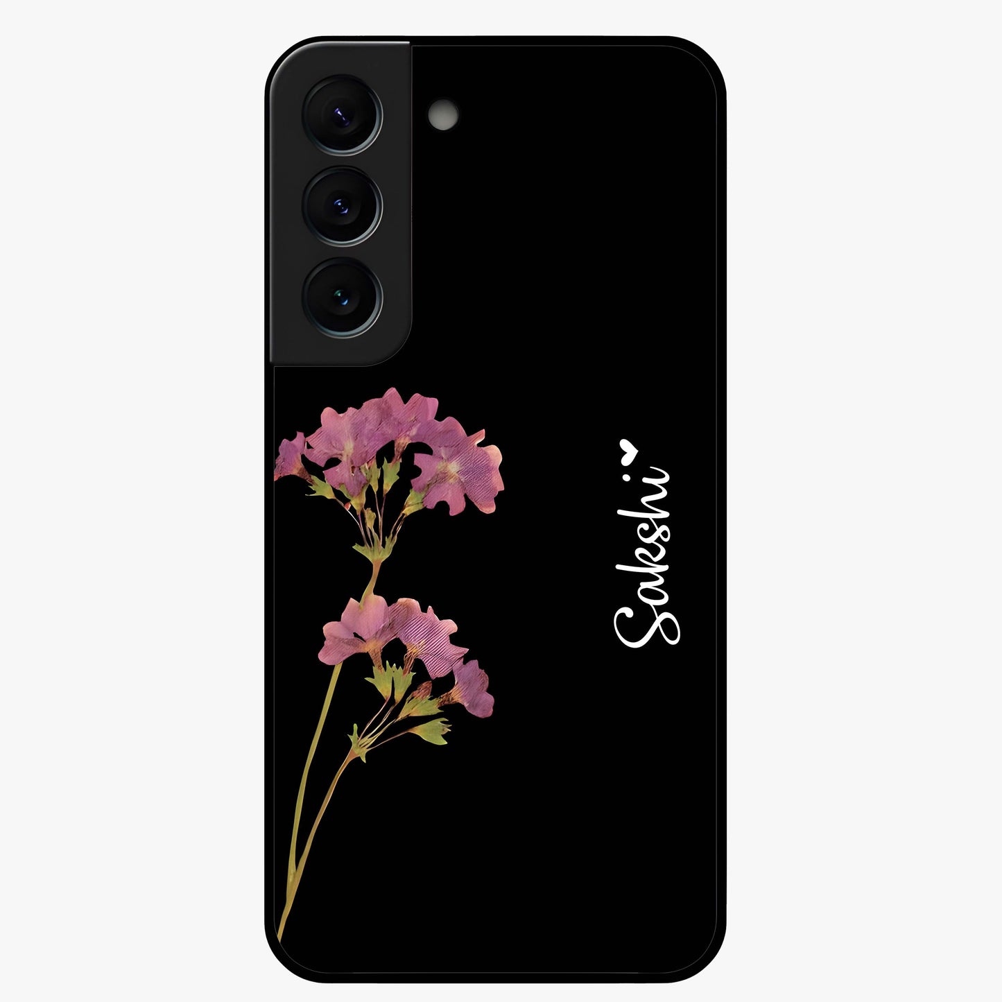 Riching Lavender Flower Custom Name Glass Case showing flat back view with lavender floral artwork and personalized name design.