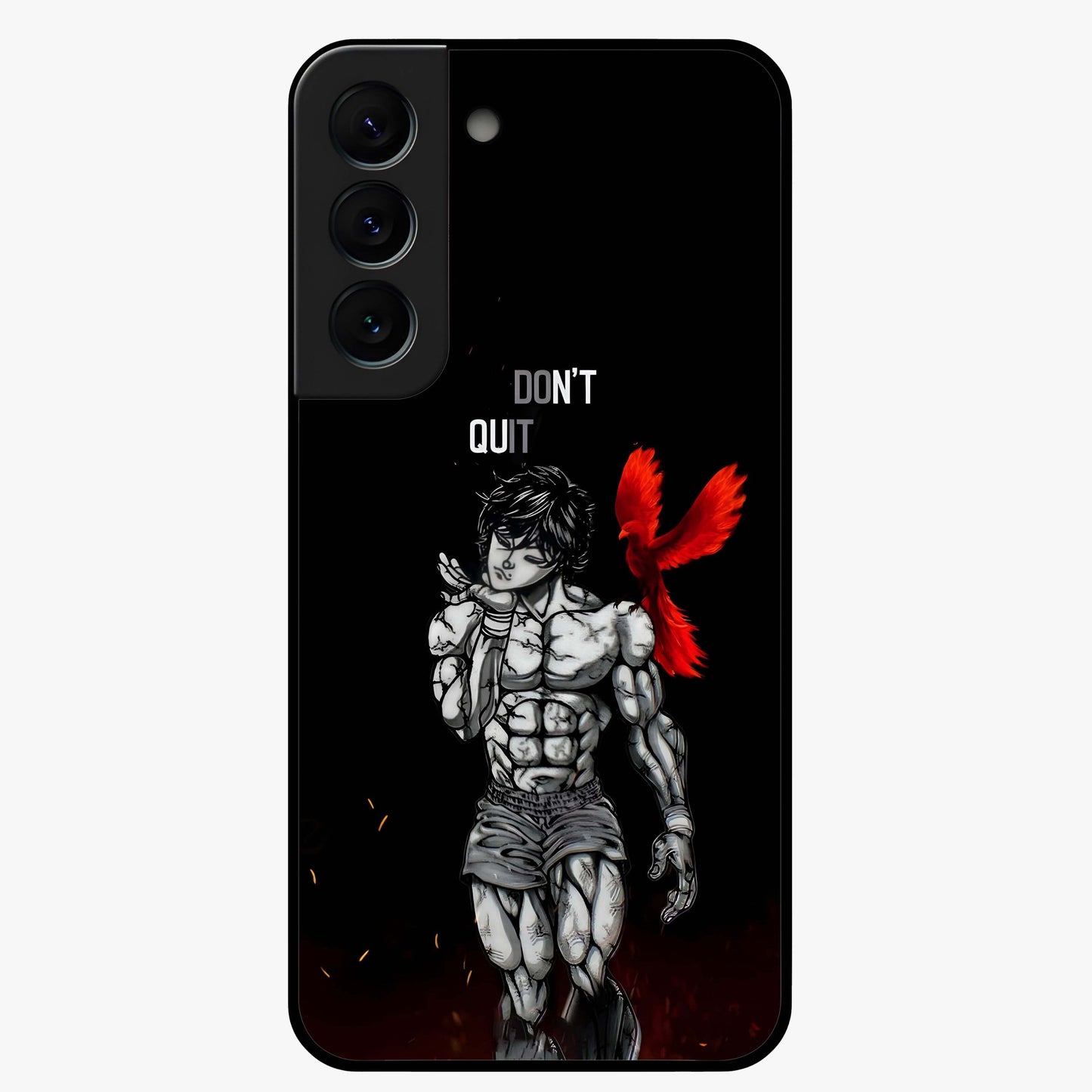Rise Beyond Limits Glass Case showing flat back view with motivational typography artwork and glossy glass finish.