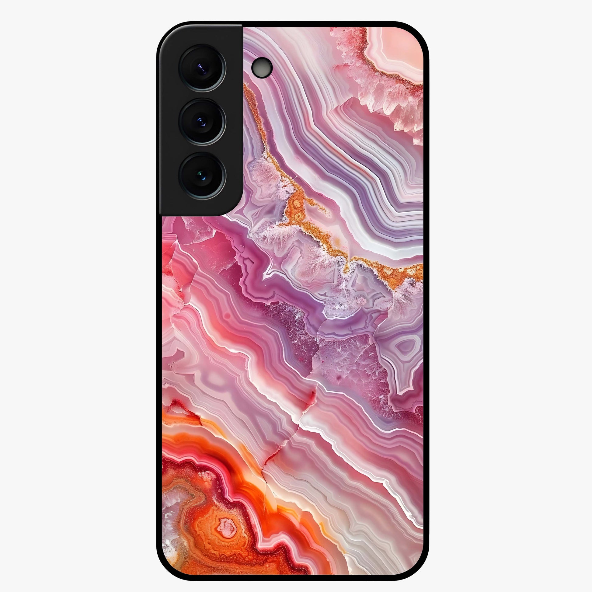 Rose Quartz Marble Glass Case showing flat back view with pink marble quartz texture artwork and glossy glass finish.