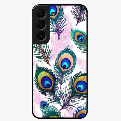 Royal Peacock Feathers Glass Case showing flat back view with colorful peacock feather artwork and glossy glass finish.