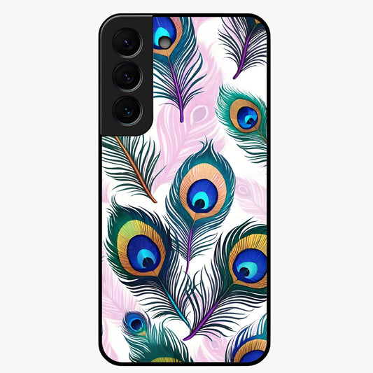 Royal Peacock Feathers Glass Case showing flat back view with colorful peacock feather artwork and glossy glass finish.