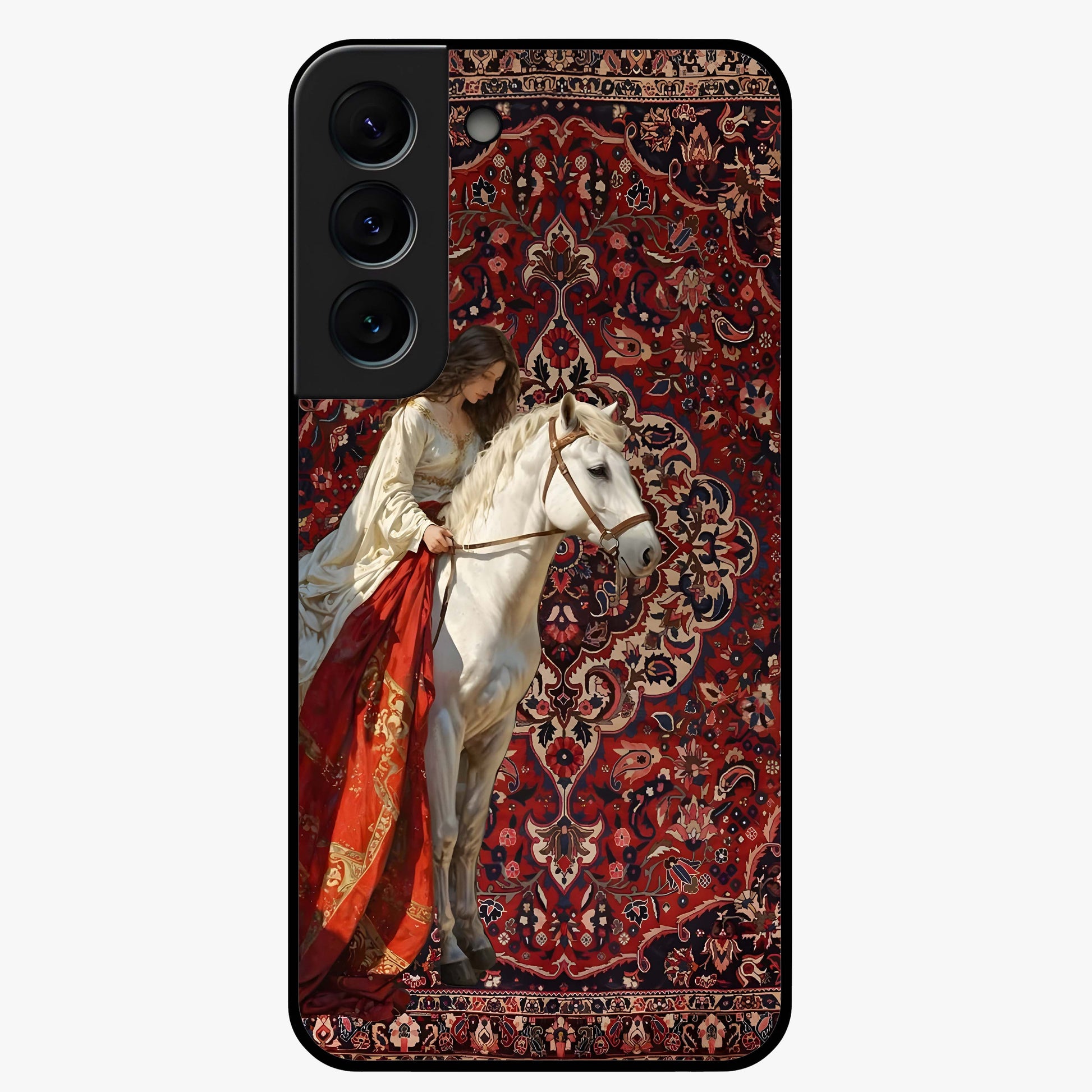 Royal Rider Tapestry Glass Case showing flat back view with majestic horse rider tapestry artwork and glossy glass finish.