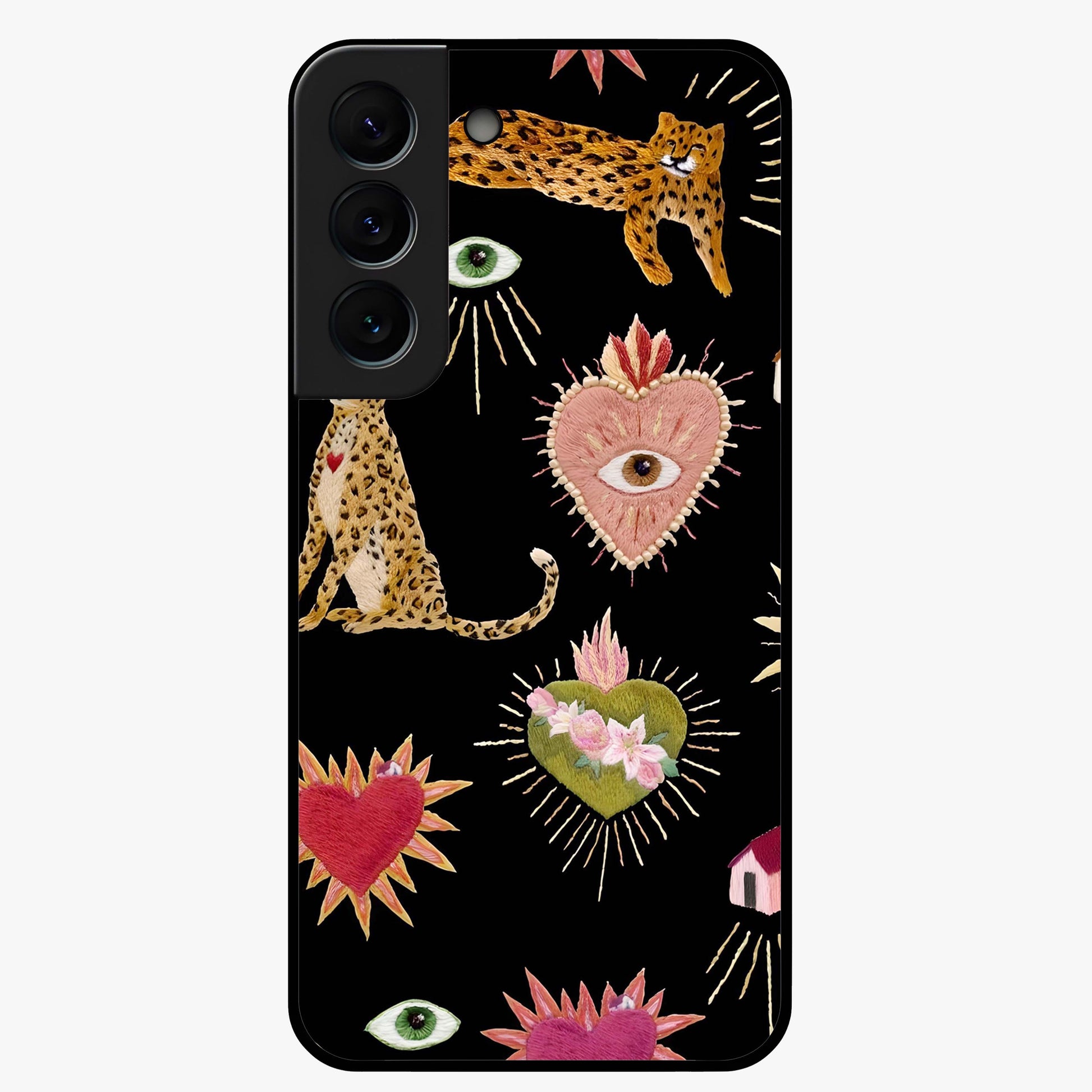 Sacred Jungle Heart Glass Case showing flat back view with jungle inspired heart artwork and glossy glass finish.