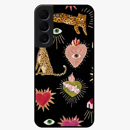 Sacred Jungle Heart Glass Case showing flat back view with jungle inspired heart artwork and glossy glass finish.