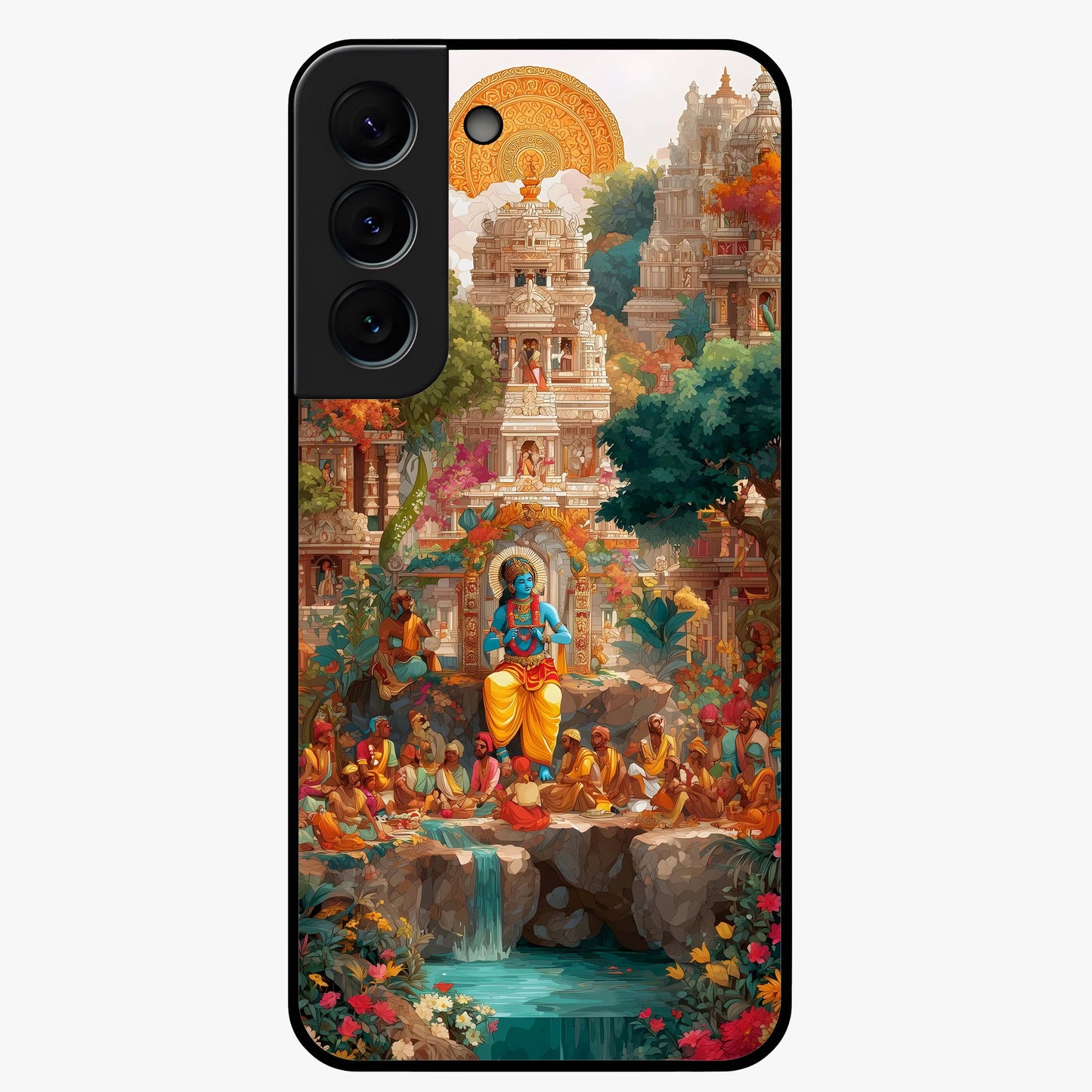 Sacred Sunlight Gods Glass Case showing flat back view with divine sunlight themed artwork and glossy glass finish.