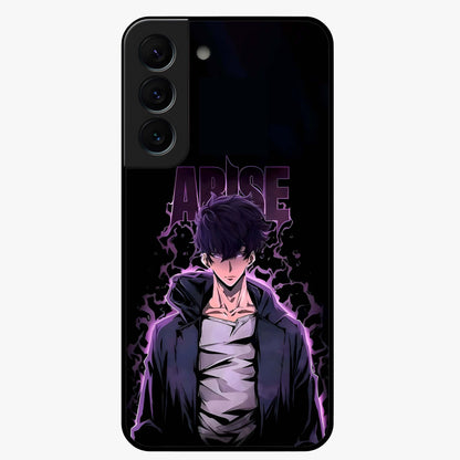 Shadow Monarch Awakening Glass Case showing flat back view with powerful dark monarch themed artwork and glossy glass finish.