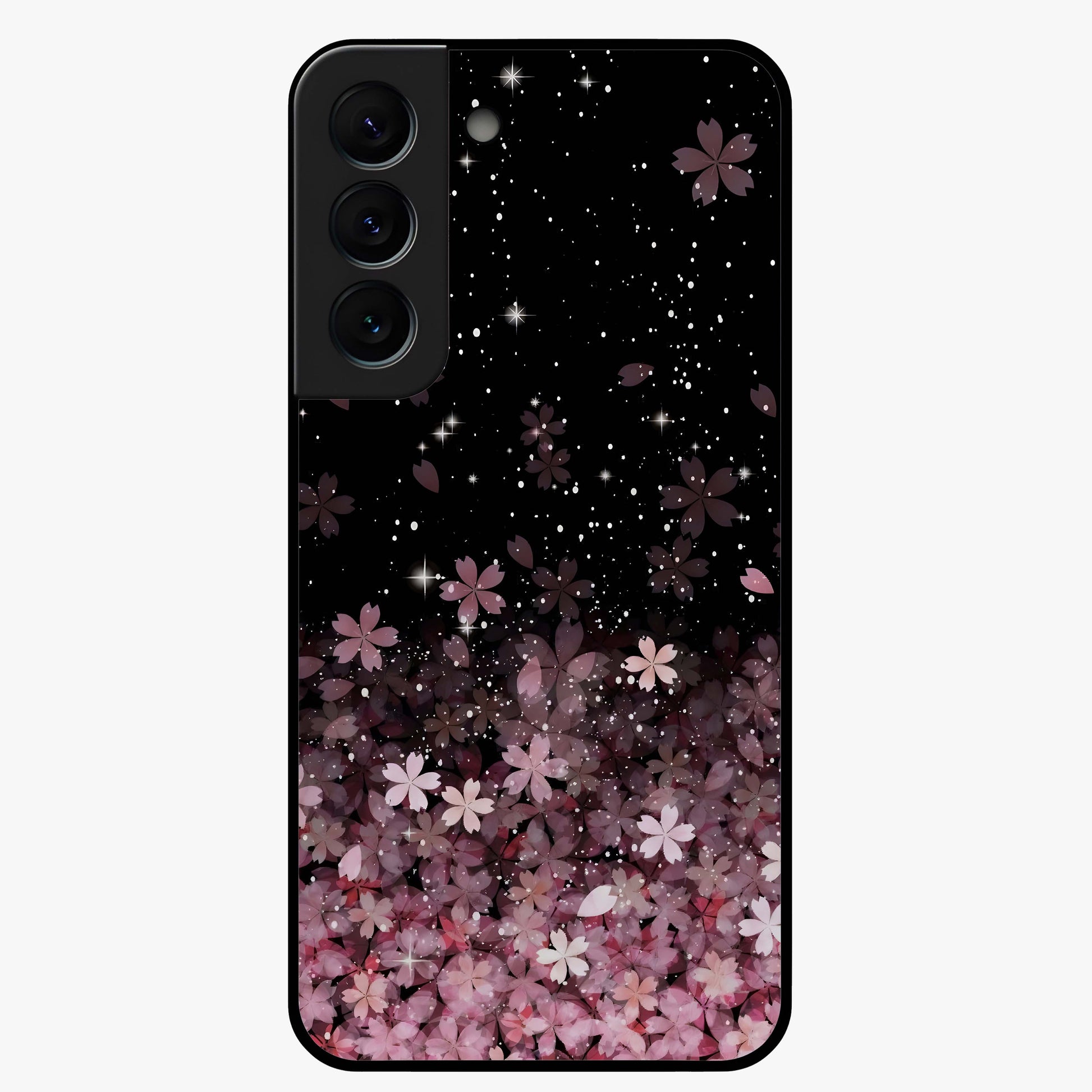 Small Starry Flowers Glass Case showing flat back view with delicate starry floral artwork and glossy glass finish.