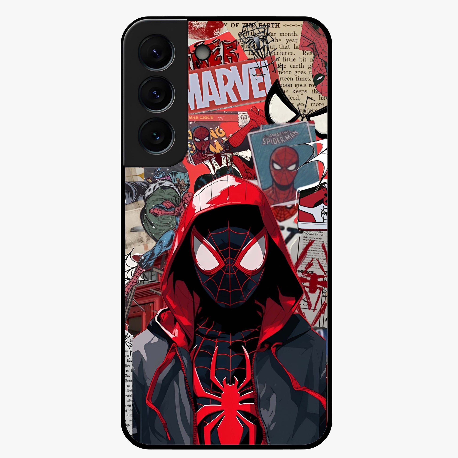 Spider Collage Street Glass Case showing flat back view with vibrant superhero collage artwork and glossy glass finish.