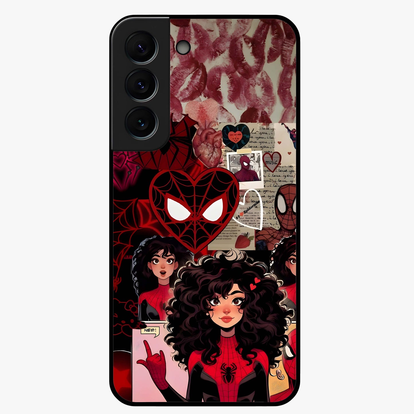 Spider Love Story Glass Case showing flat back view with romantic superhero themed artwork and glossy glass finish.