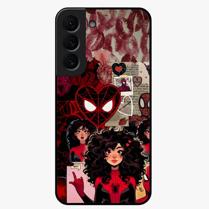 Spider Love Story Glass Case showing flat back view with romantic superhero themed artwork and glossy glass finish.