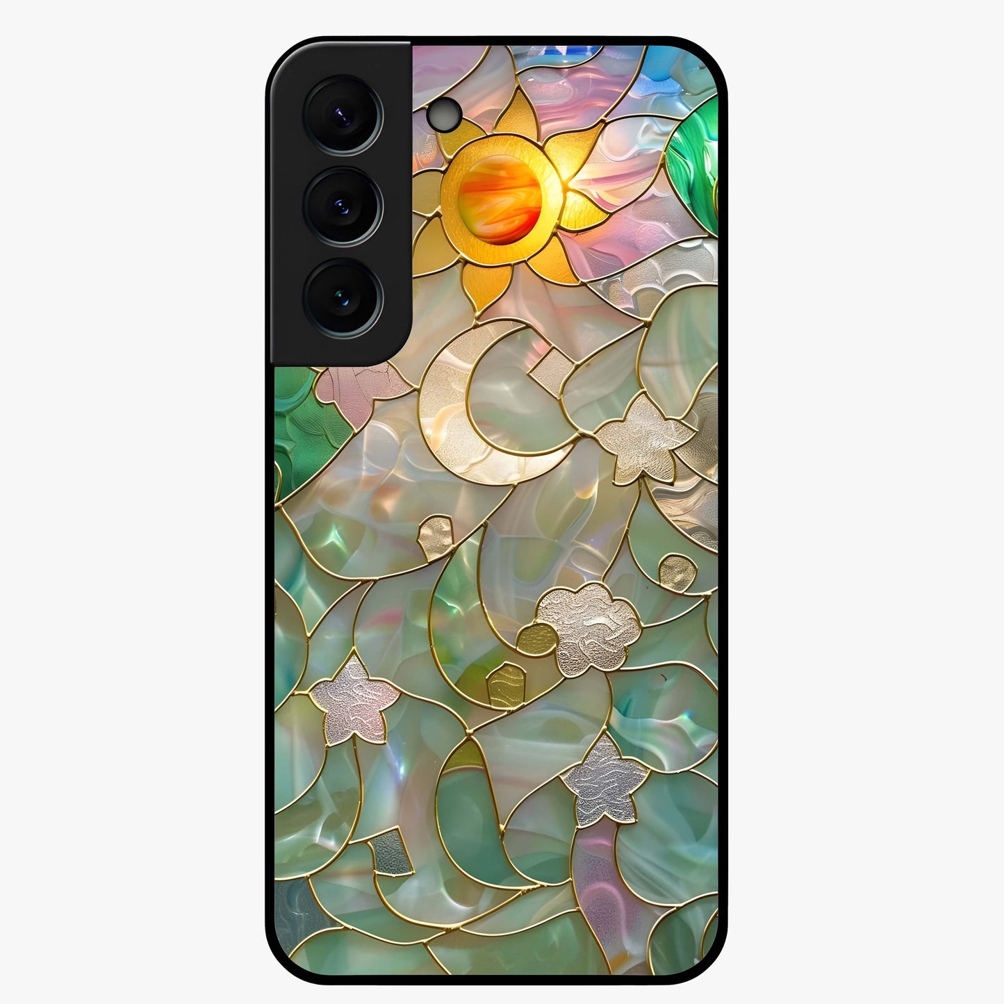Stained Sunrise Glow Glass Case showing flat back view with glowing sunrise stained pattern artwork and glossy glass finish.