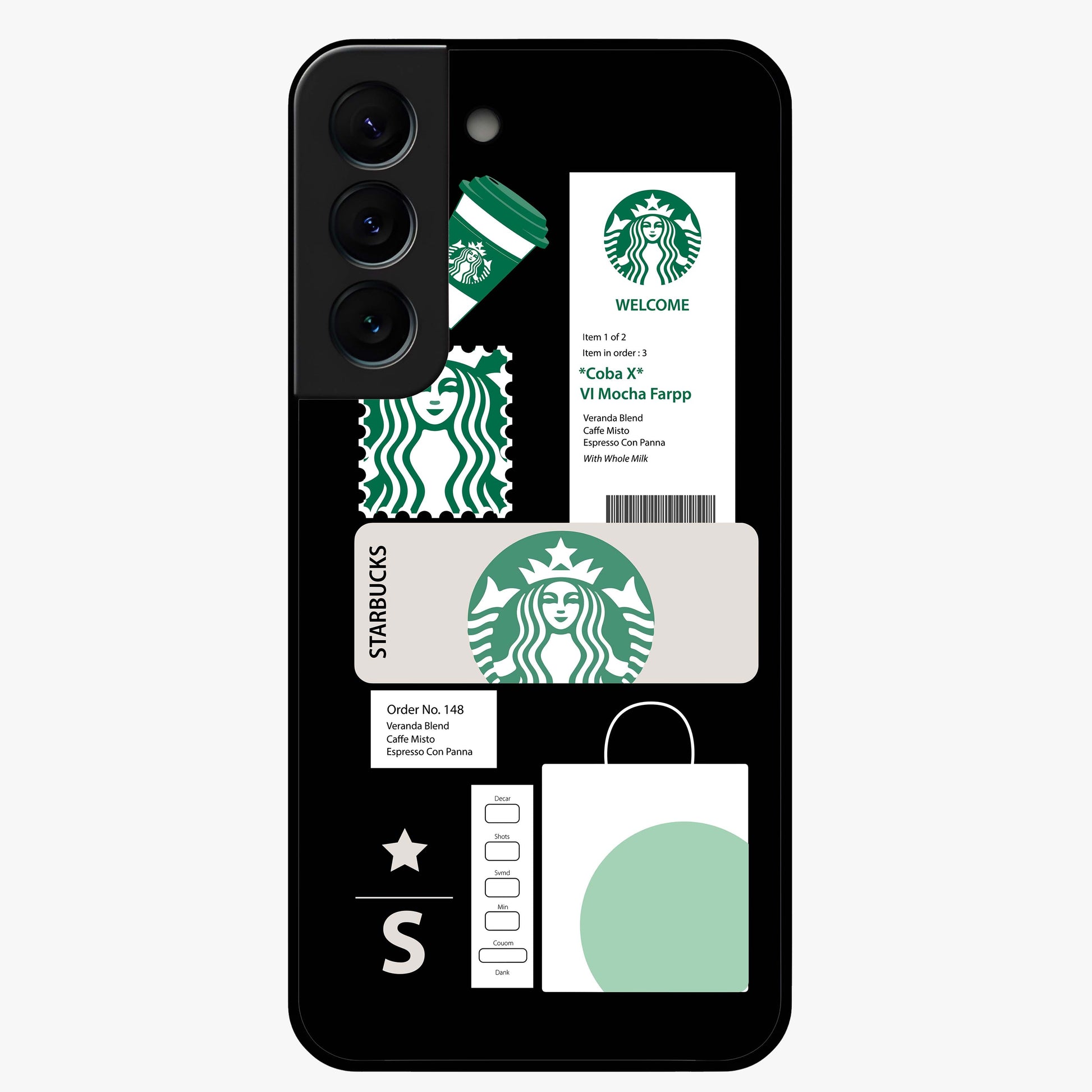 Starbucks Mocha Glass Case showing flat back view with coffee inspired artwork and glossy glass finish.