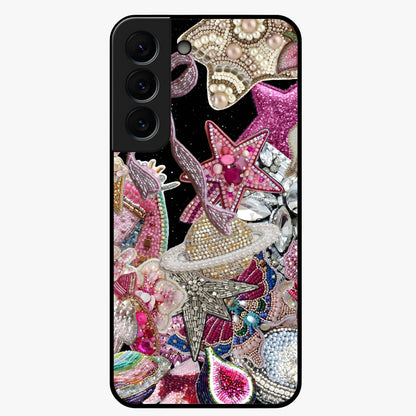 Starlit Jewel Dream Glass Case showing flat back view with sparkling jewel and star themed artwork and glossy glass finish.