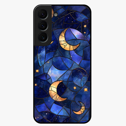 Starlit Sky Tapestry Glass Case showing flat back view with decorative starry sky tapestry artwork and glossy glass finish.