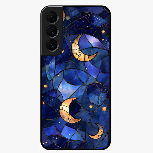 Starlit Sky Tapestry Glass Case showing flat back view with decorative starry sky tapestry artwork and glossy glass finish.