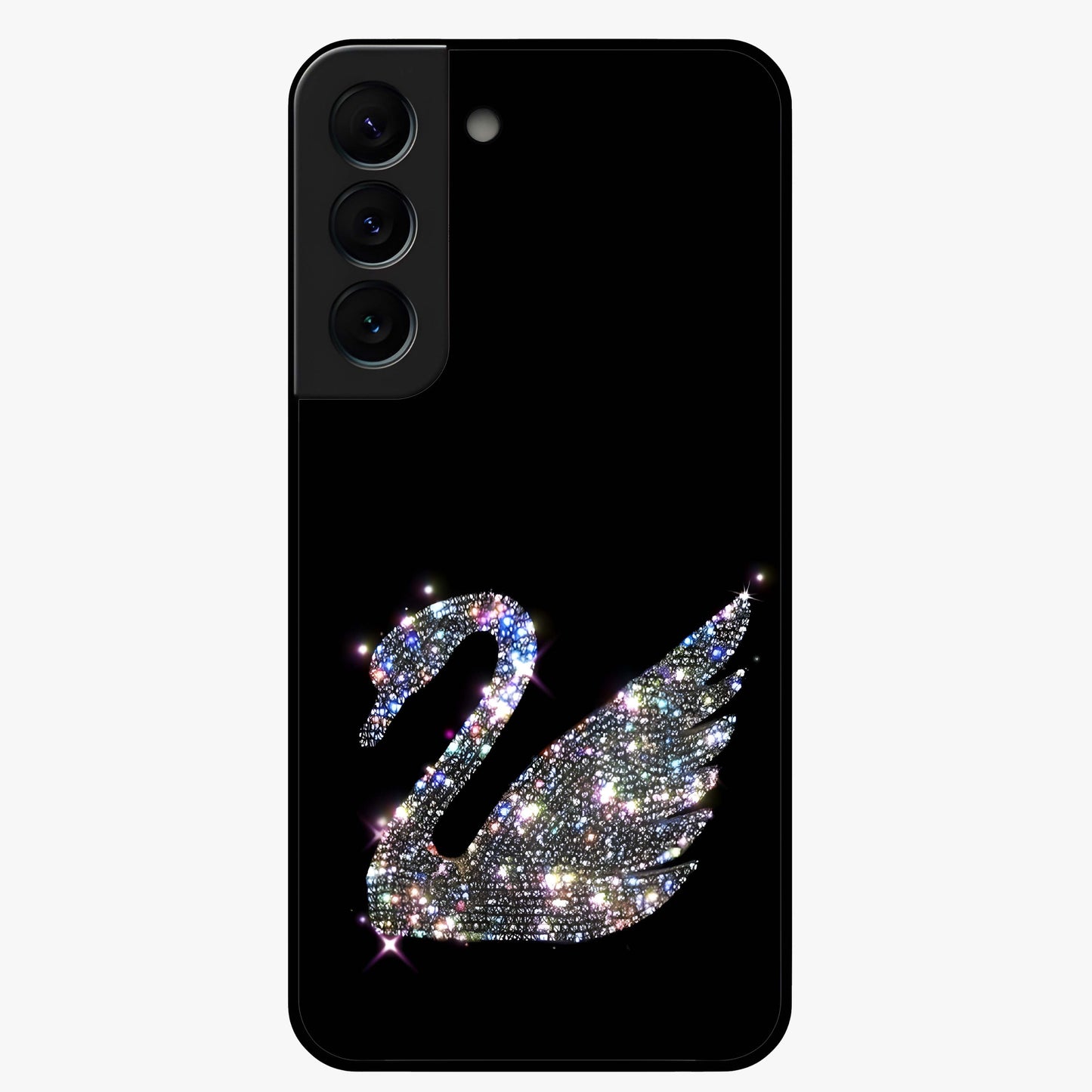 Starlit Swan Grace Glass Case showing flat back view with graceful swan artwork under starry sky and glossy glass finish.