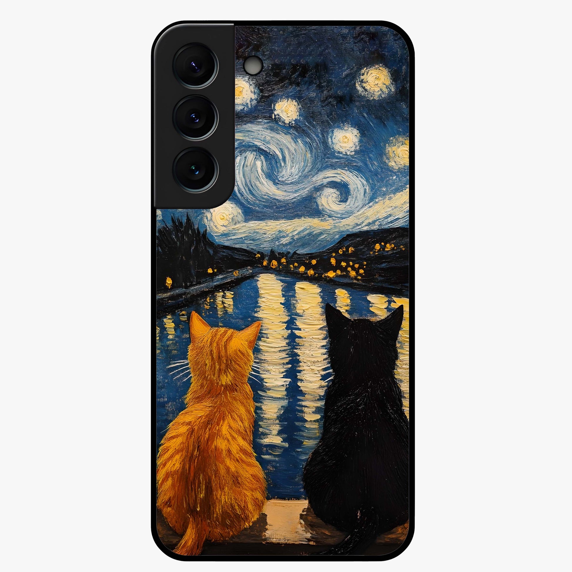 Starry River Cats Glass Case showing flat back view with cats by a starry river artwork and glossy glass finish.