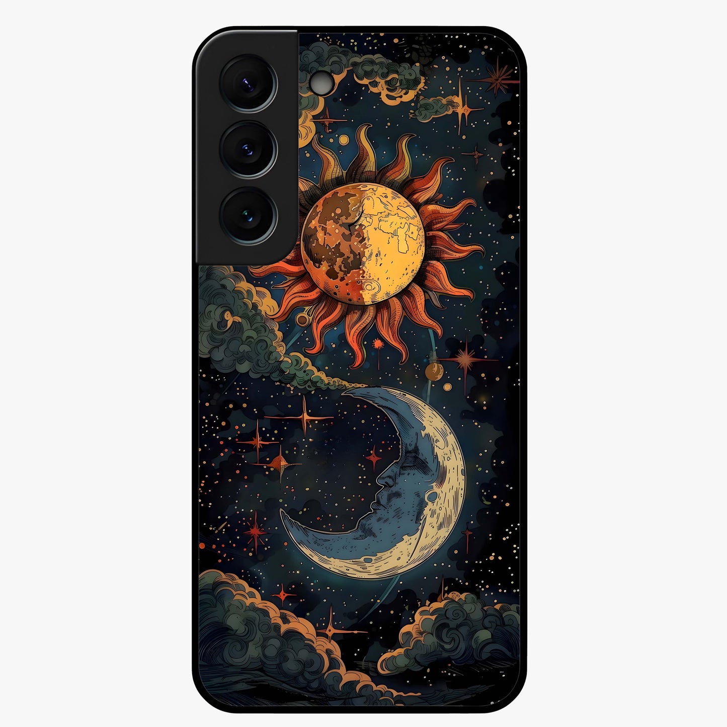 Sun And Moon Magic Design Glass Case showing flat back view with mystical sun and moon artwork and glossy glass finish.