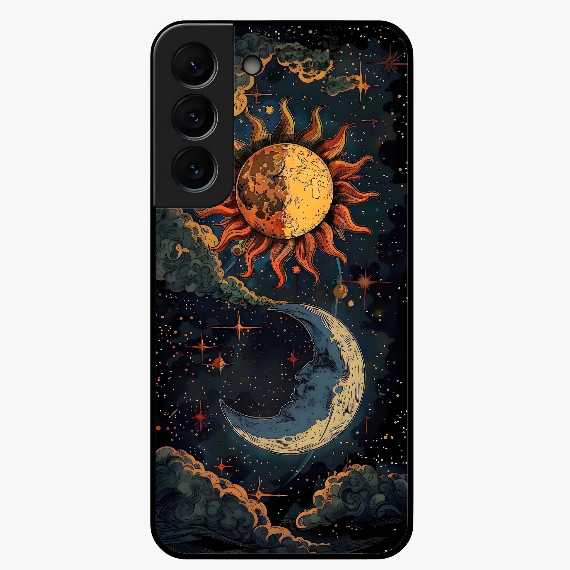 Sun And Moon Magic Design Glass Case showing flat back view with mystical sun and moon artwork and glossy glass finish.