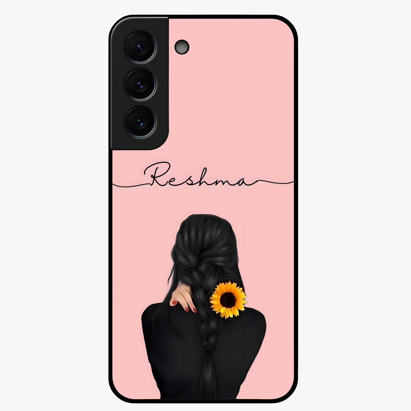 Sunflower Braid Beauty With Custom Name Glass Case showing flat back view with sunflower braid artwork and personalized name design.