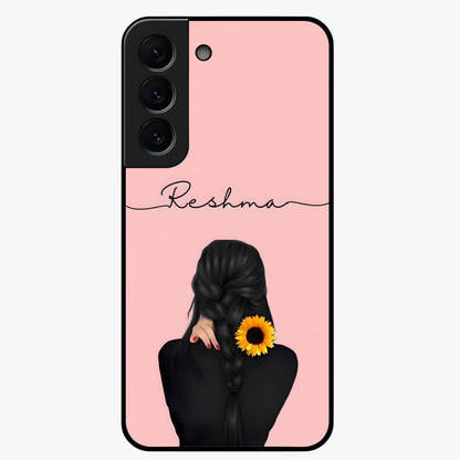 Sunflower Braid Beauty With Custom Name Glass Case showing flat back view with sunflower braid artwork and personalized name design.