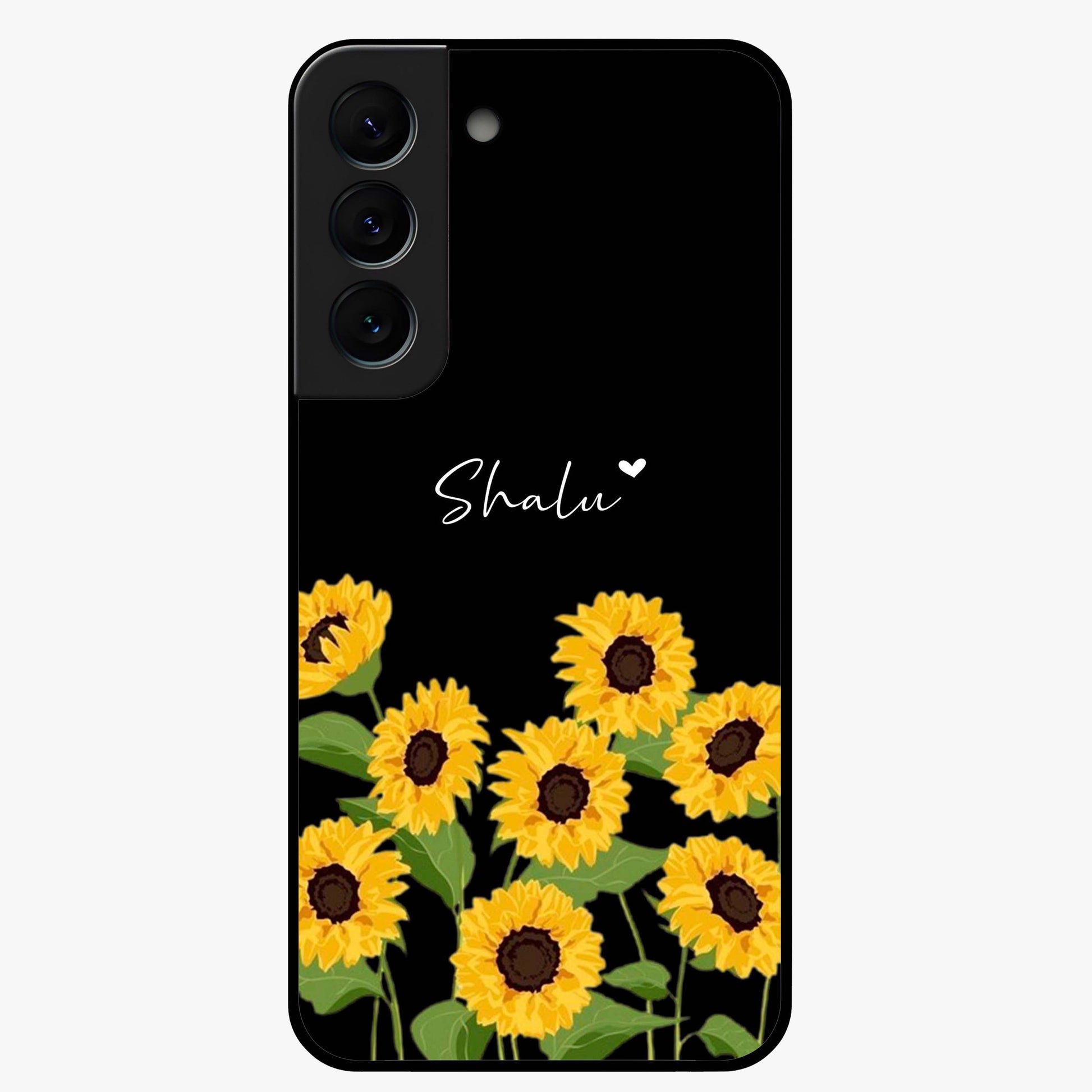 Sunflower Chic Mood Custom Name Glass Case showing flat back view with stylish sunflower artwork and personalized name design.