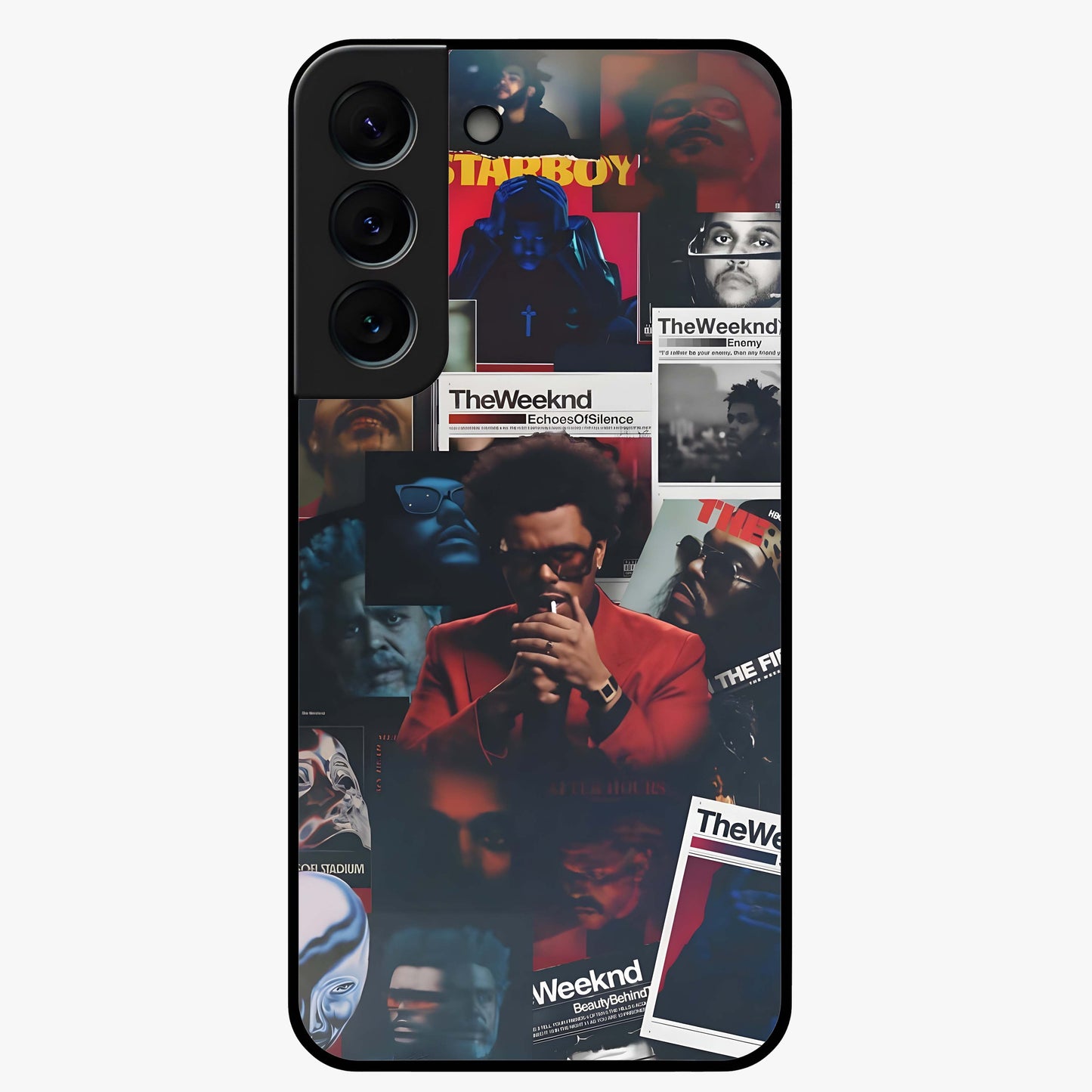 The Weeknd Glass Case showing flat back view with music inspired artistic portrait artwork and glossy glass finish.