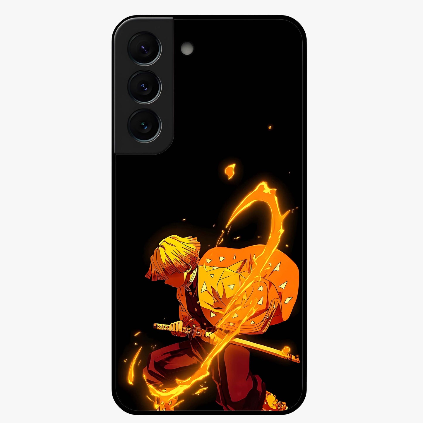 Thunder Flame Execution Glass Case showing flat back view with powerful flame and lightning artwork and glossy glass finish.