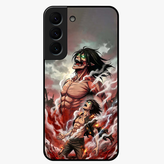 Titan Awakening Fury Glass Case showing flat back view with powerful titan inspired artwork and glossy glass finish.