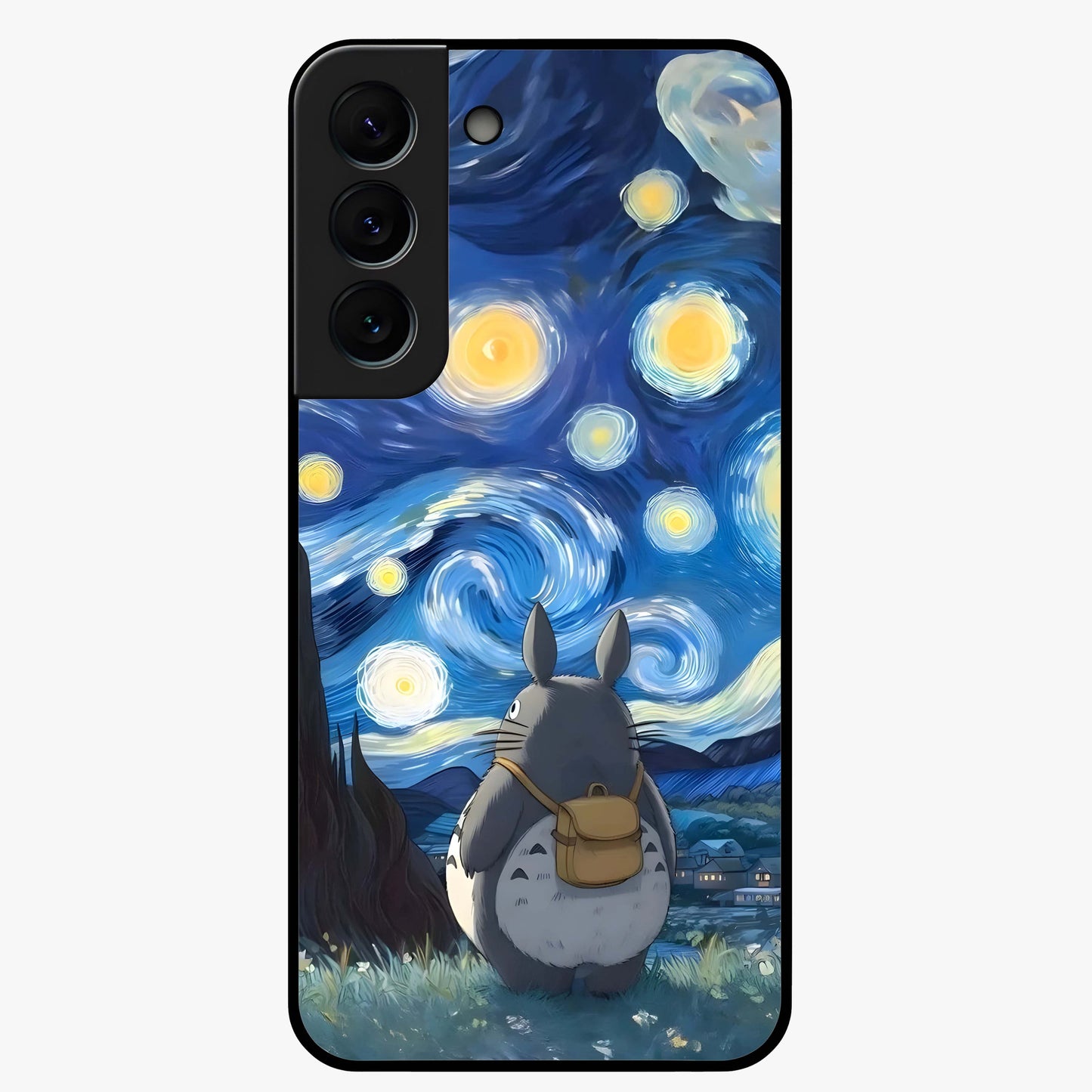 Totoro In Van Gogh Art Glass Case showing flat back view with whimsical character artwork inspired by Van Gogh style and glossy glass finish.