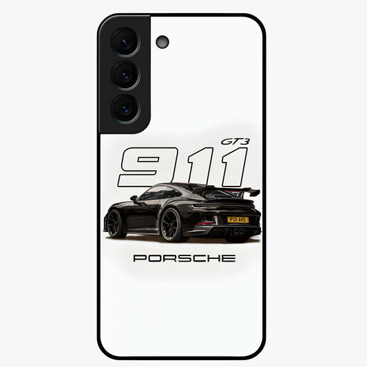 Turbo Legacy Icon Glass Case showing flat back view with iconic sports car inspired artwork and glossy glass finish.