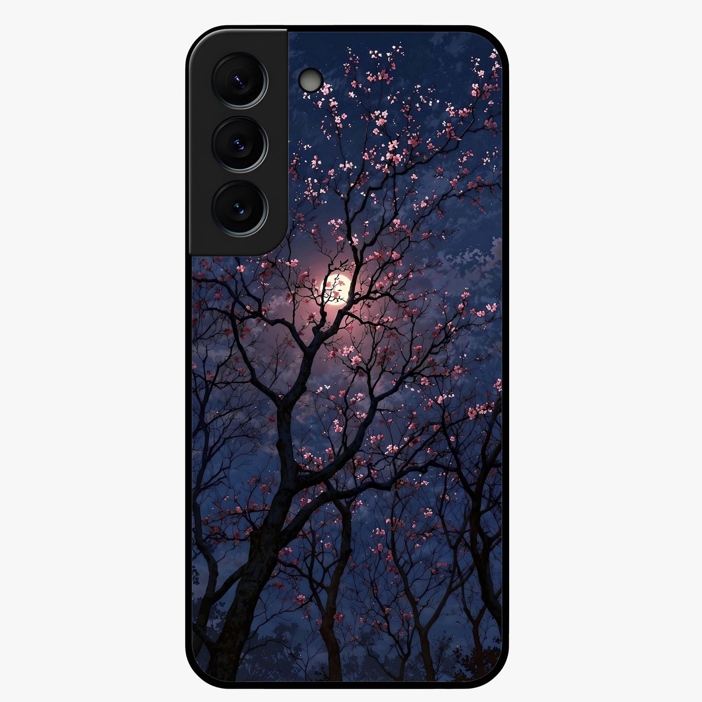 Twilight Sakura Serenade Glass Case showing flat back view with cherry blossom artwork at twilight and glossy glass finish.