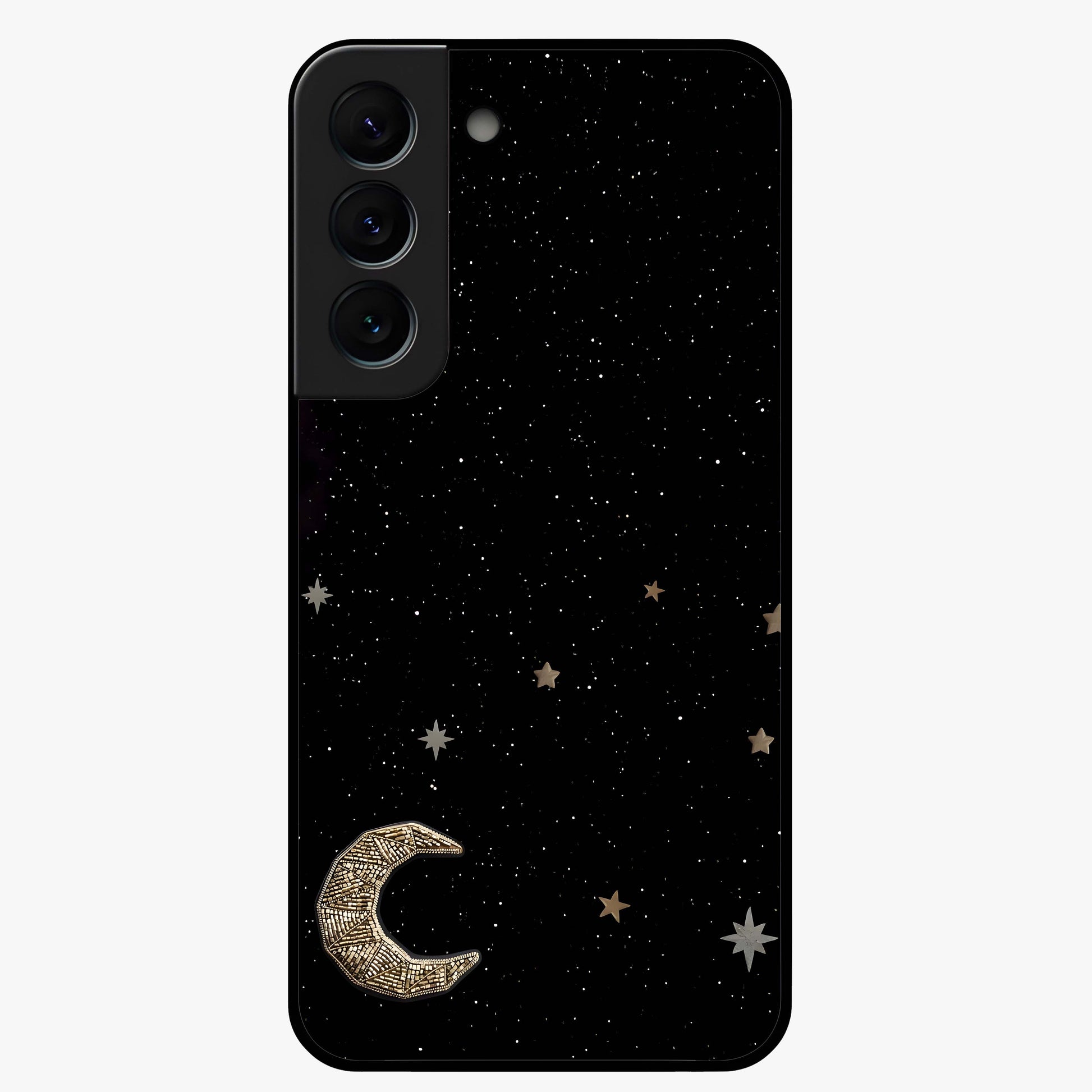 Twinkle Star With Half Moon Glass Case showing flat back view with star and half moon artwork and glossy glass finish.