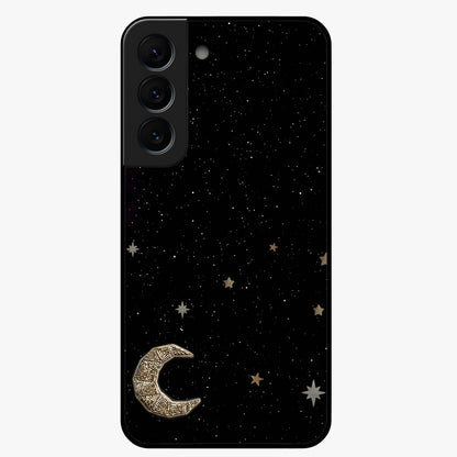 Twinkle Star With Half Moon Glass Case showing flat back view with star and half moon artwork and glossy glass finish.