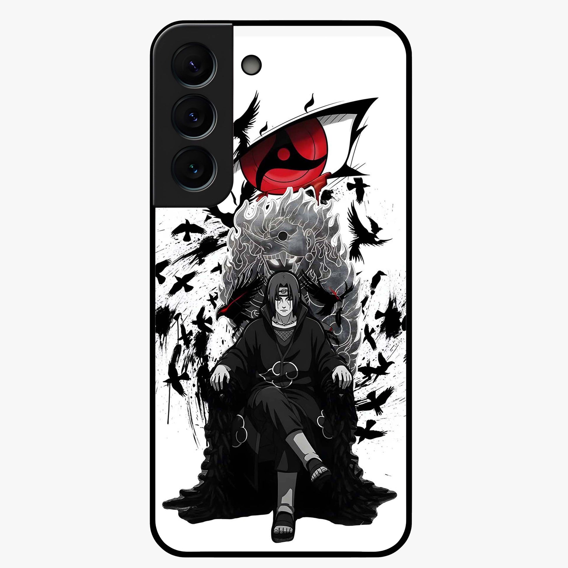 Uchiha Shadow Throne Glass Case showing flat back view with cosmic underwater themed artwork and glossy glass finish.