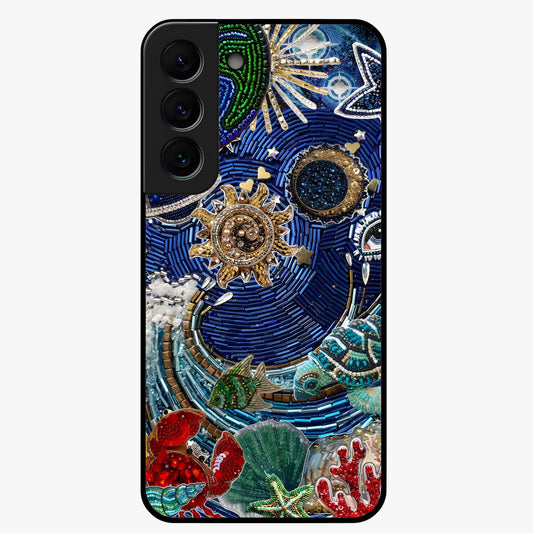 Universe Underwater Spark Glass Case showing flat back view with cosmic underwater themed artwork and glossy glass finish.