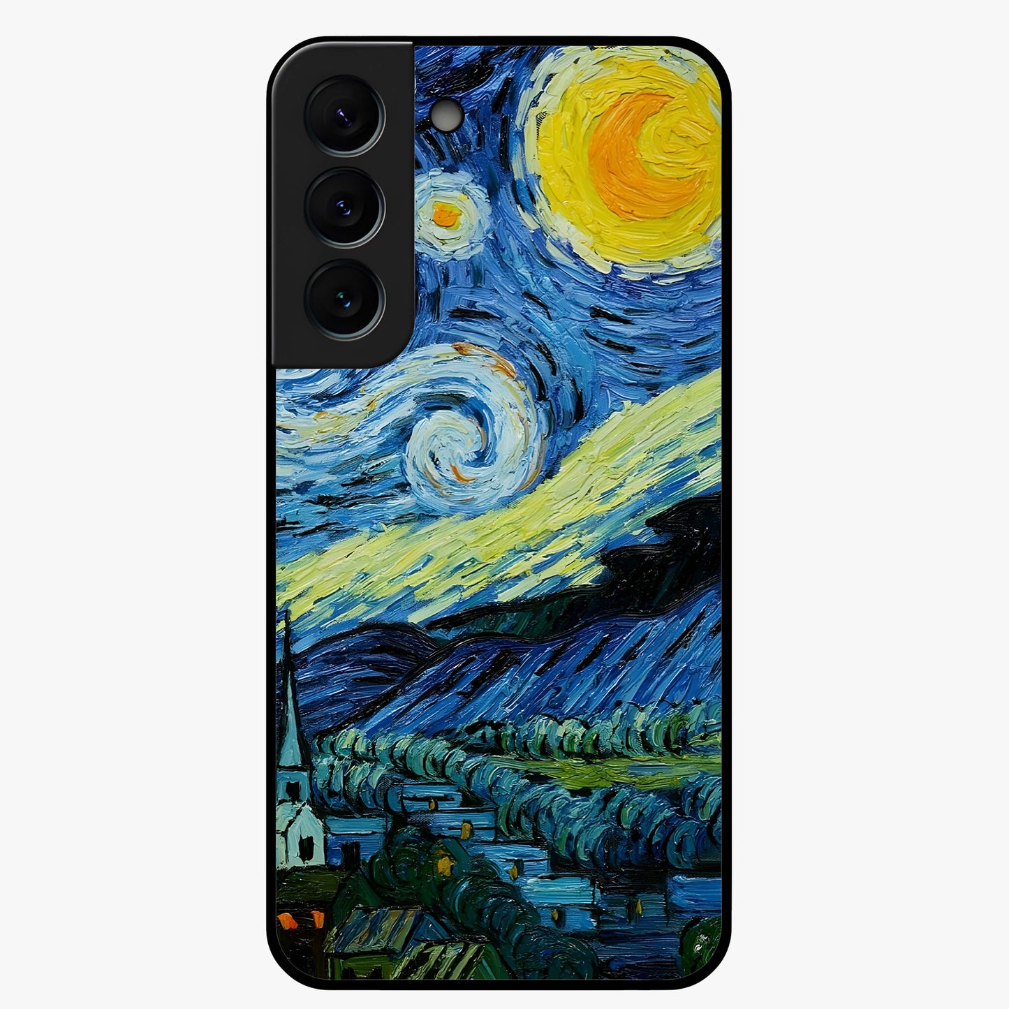 Van Gogh Art Glass Case showing flat back view with classic painterly artwork inspired by Van Gogh style and glossy glass finish.