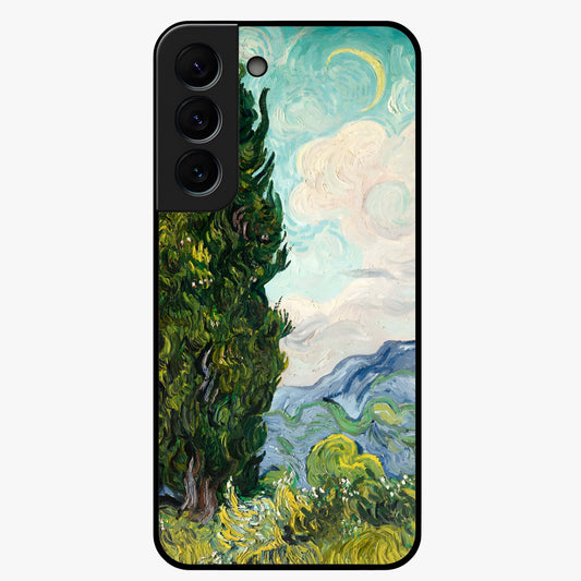 Van Gogh Vintage Art Glass Case showing flat back view with vintage painterly artwork inspired by Van Gogh style and glossy glass finish.