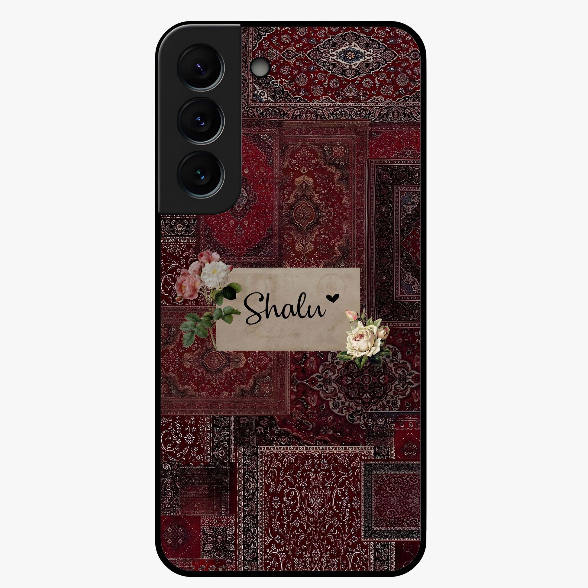 Velvet Wine Pattern Custom Name Glass Case showing flat back view with elegant wine colored pattern artwork and personalized name design.