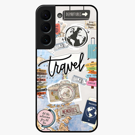 Wanderlust Journal Glass Case showing flat back view with travel inspired artwork and glossy glass finish.