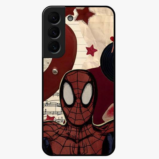 Web Warrior Vibes Glass Case showing flat back view with superhero inspired web themed artwork and glossy glass finish.