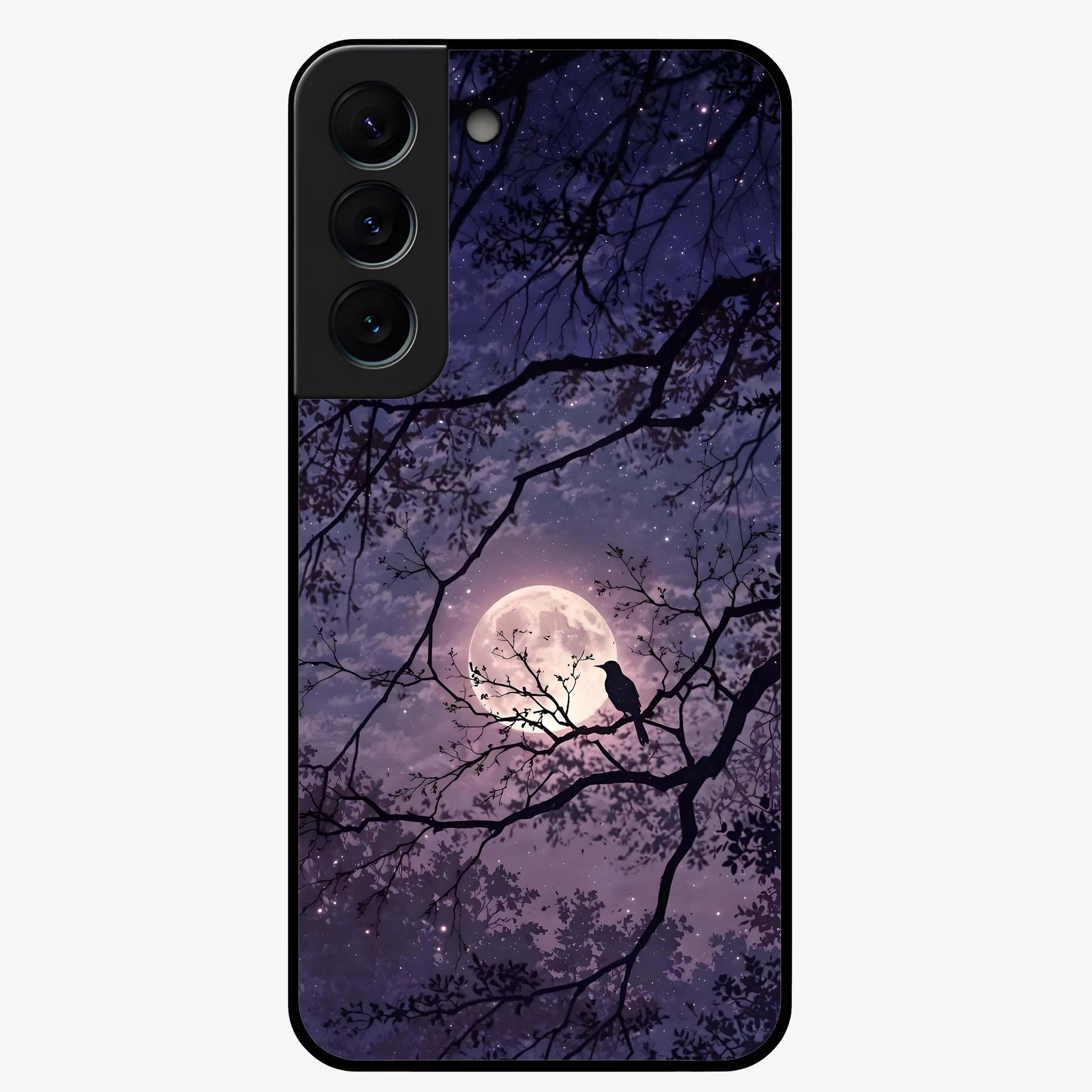 Whispering Moon Silence Glass Case showing flat back view with serene moon themed artwork and glossy glass finish.