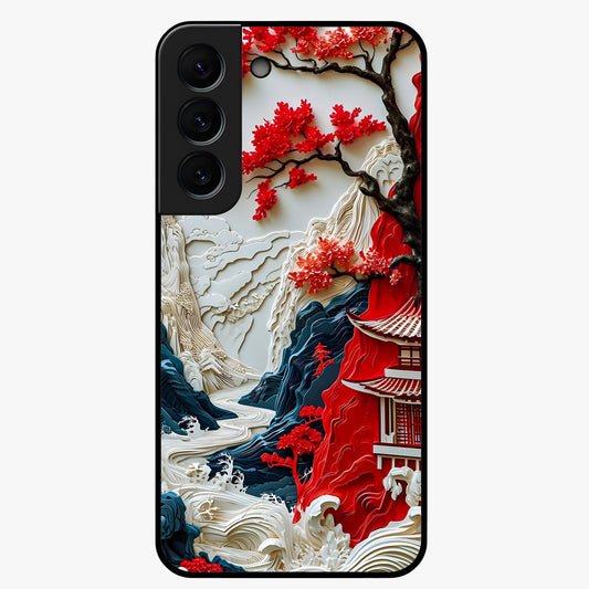 Whispers Of Sakura Waves Glass Case showing flat back view with cherry blossom wave artwork and glossy glass finish.