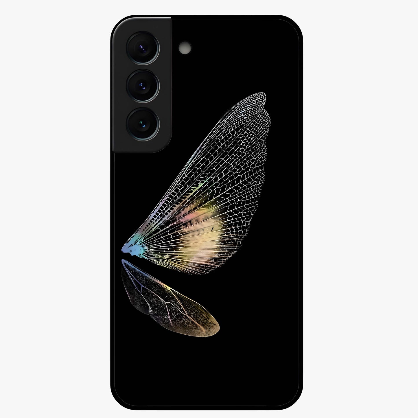 Whispers Of Wings Glass Case showing flat back view with graceful wing inspired artwork and glossy glass finish.