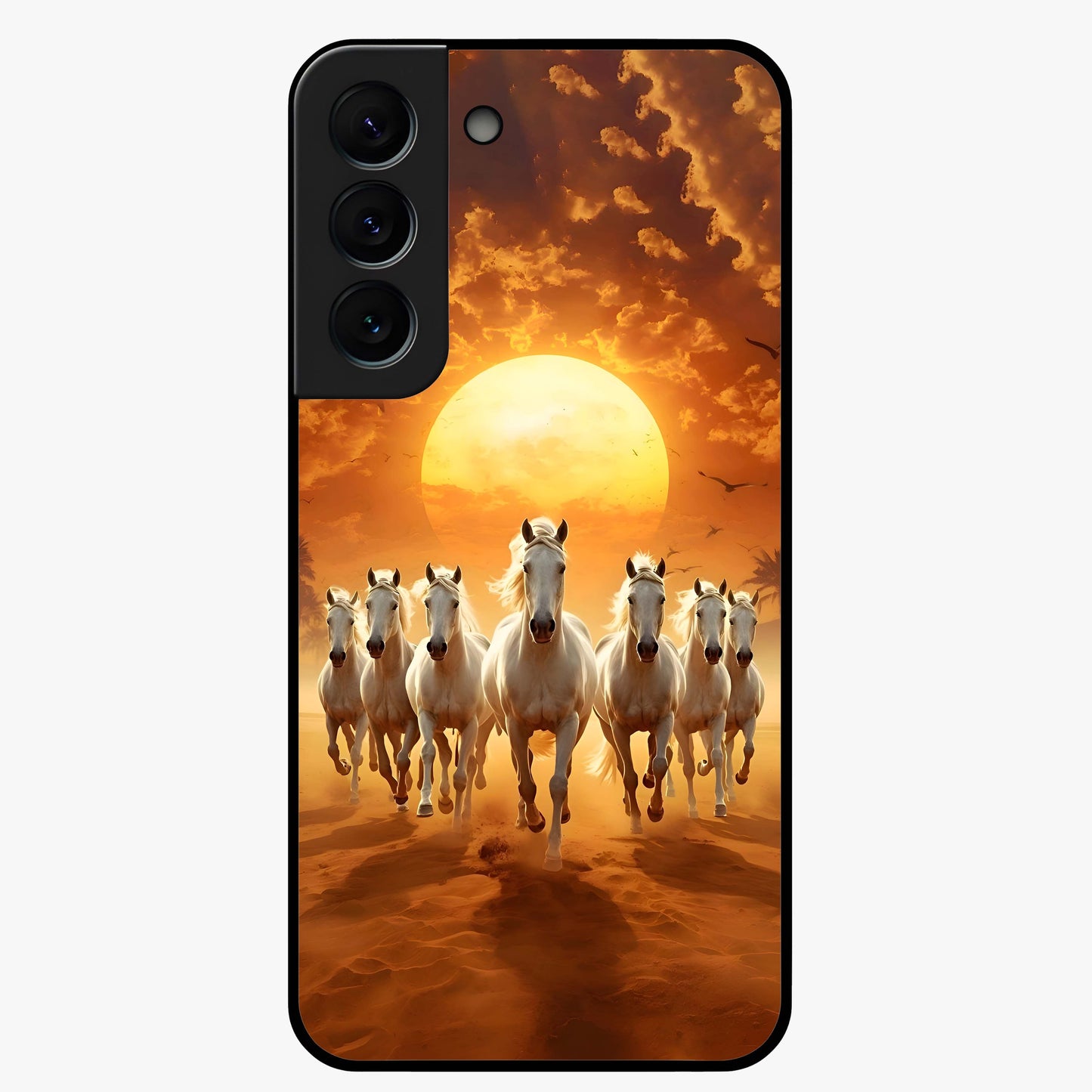 Wild Sunset Majesty Glass Case showing flat back view with majestic sunset landscape artwork and glossy glass finish.