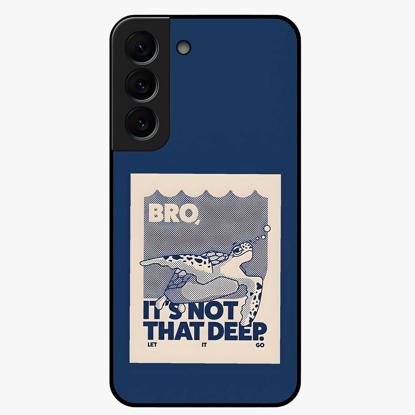 Worry Less Swim Glass Case showing flat back view with playful motivational artwork and glossy glass finish.
