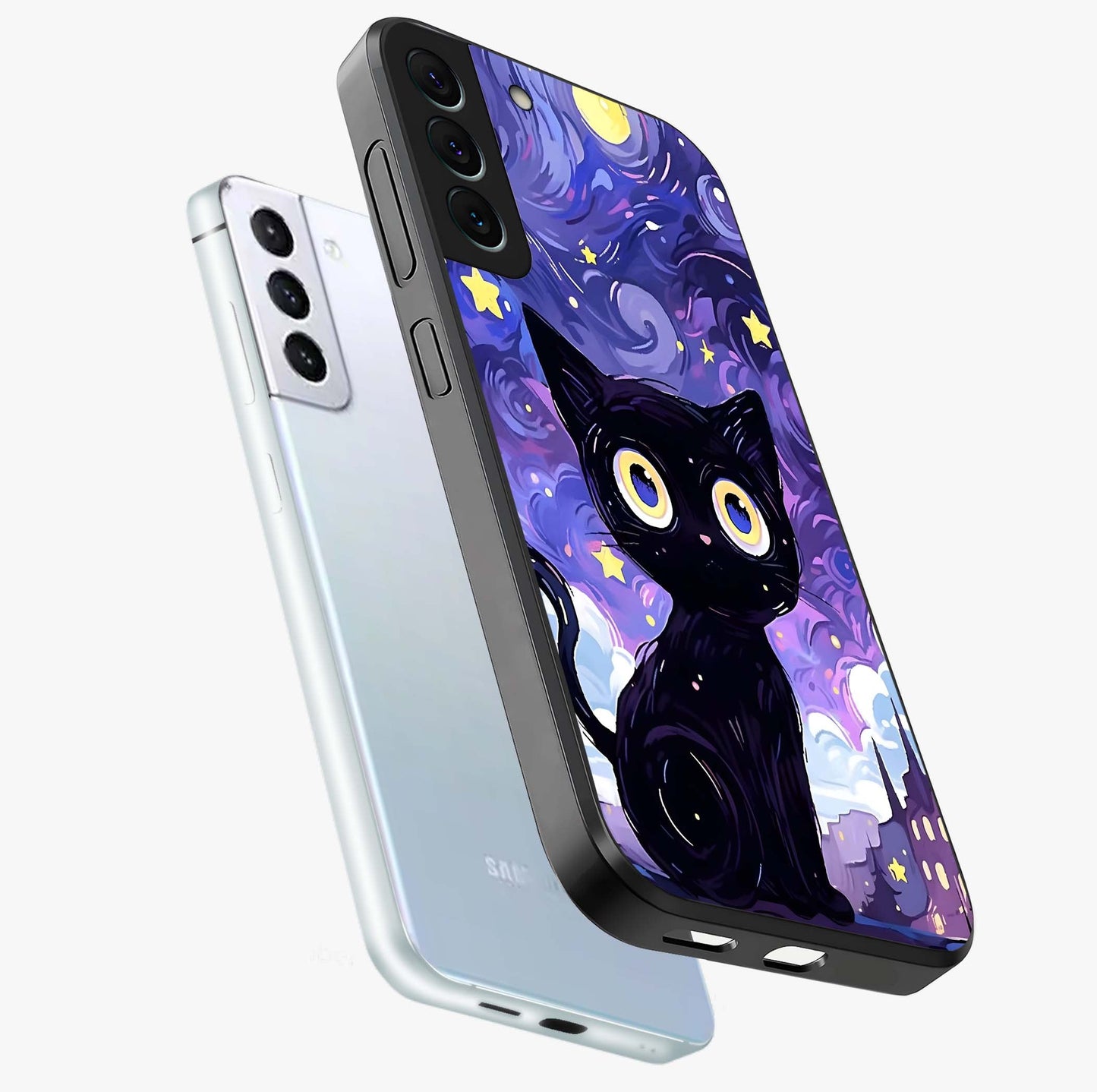 Abstract Cat Art Glass Case displayed in angled mockup highlighting modern abstract cat artwork and sleek glass surface.