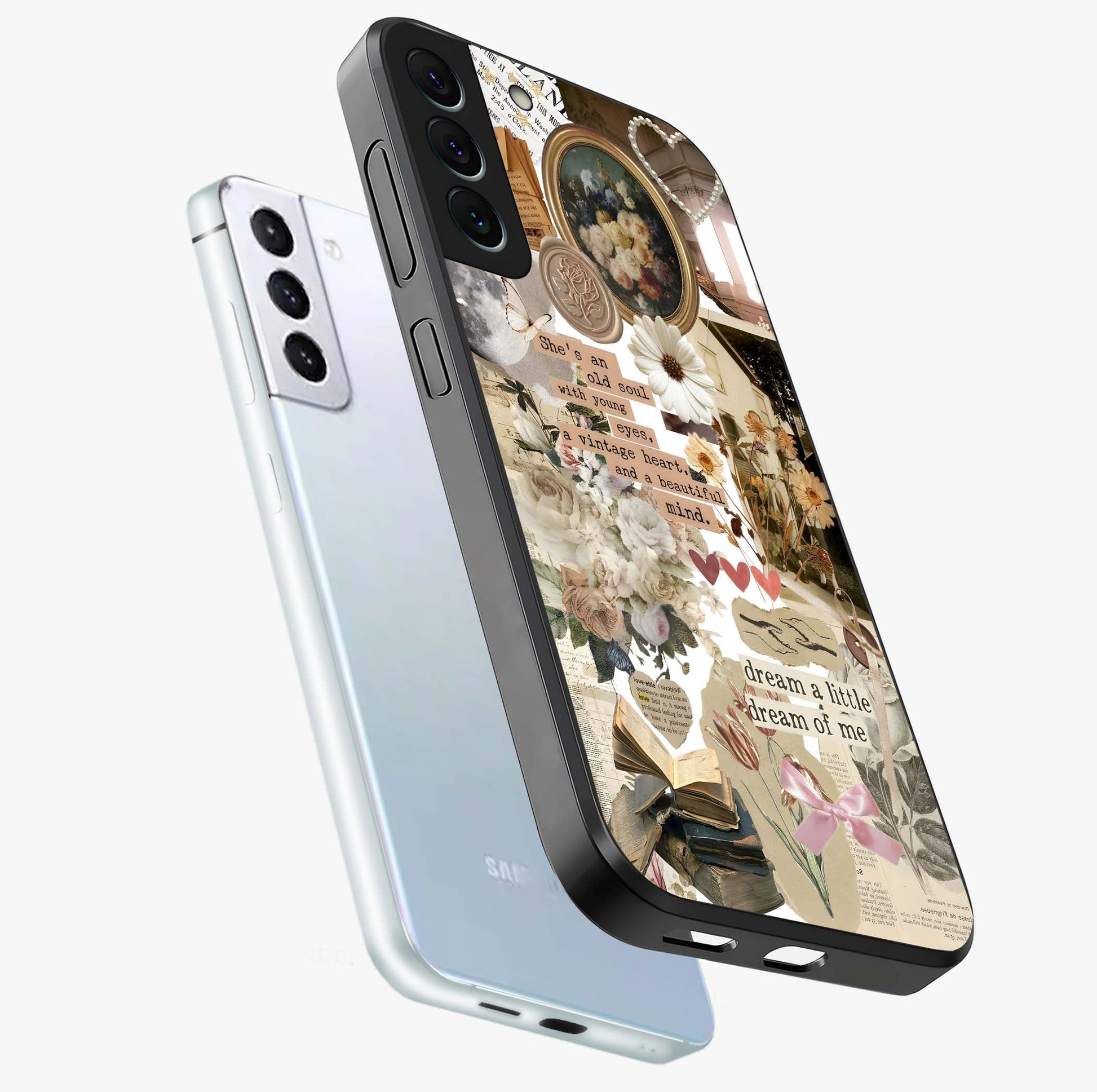 Aesthetic Brown Vintage Collage Glass Case displayed in angled mockup highlighting vintage aesthetic collage design.