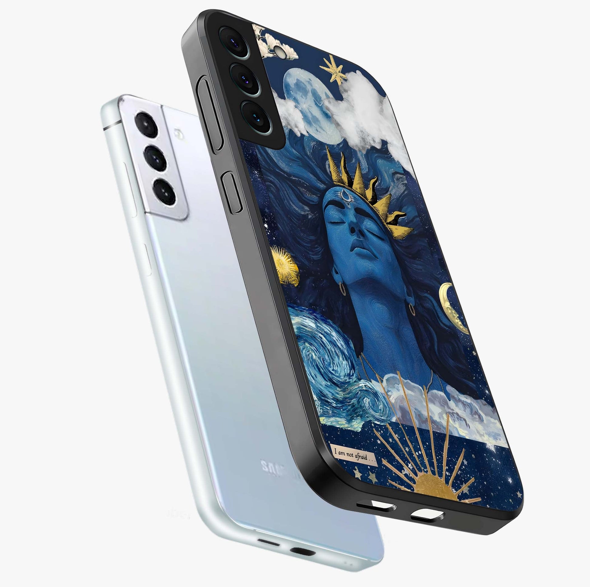 Aesthetic Lord Shiva Glass Case displayed in angled mockup highlighting spiritual Shiva illustration and sacred aesthetic design.